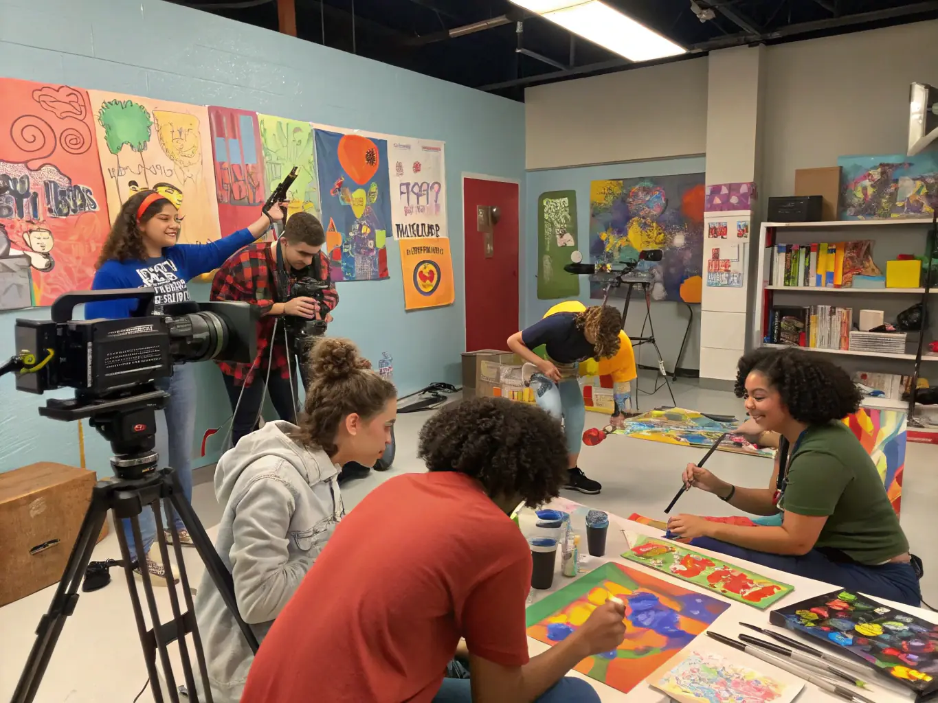 A group of children and adults gathered around a table, participating in a creative arts and crafts workshop inside a bright, inviting library space. The image highlights hands-on activities at EMAA BIBLIOTHEQUE.