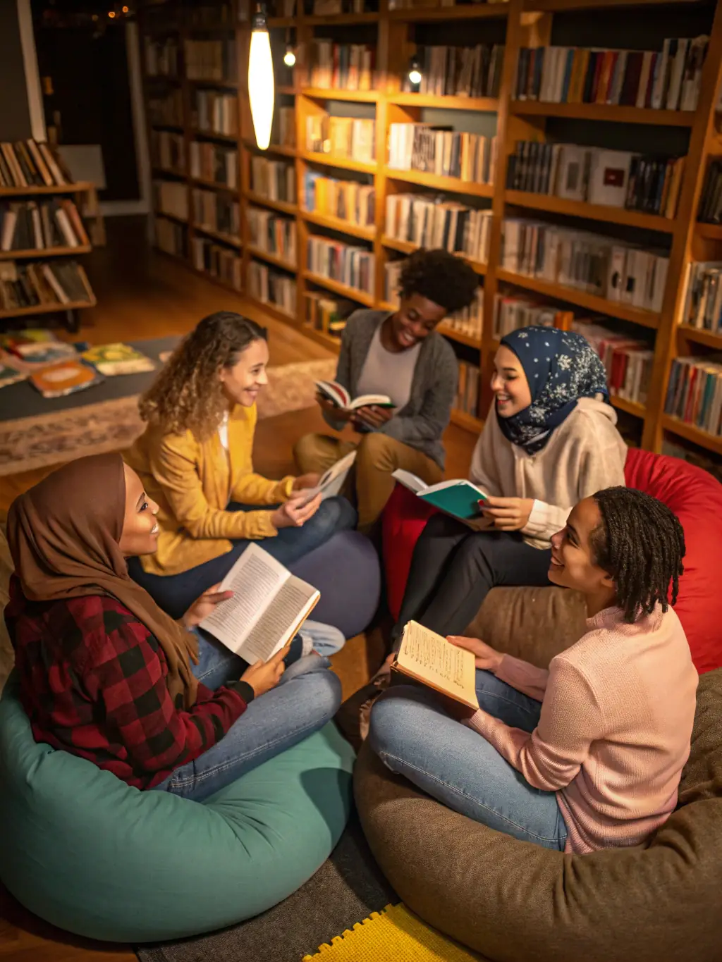A cheerful photo of adults and seniors gathered in a circle, discussing books during a reading club meeting, with shelves of books visible in the background.