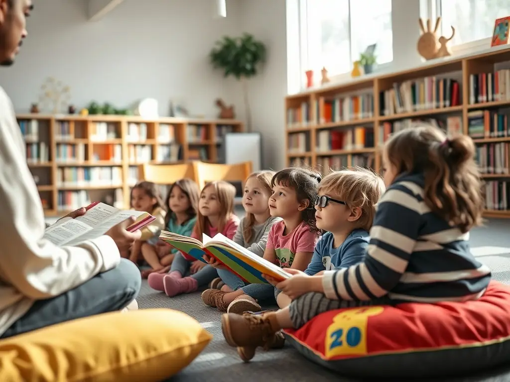 A group of children and adults gathered around a table, listening to a storyteller reading a colorful picture book in a bright library room.
