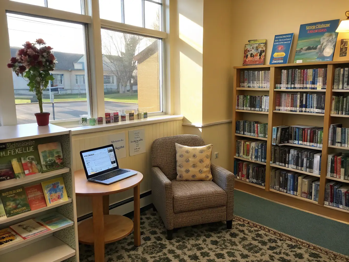 A cheerful librarian helping a group of seniors with tablets and laptops during a digital literacy workshop in the library.