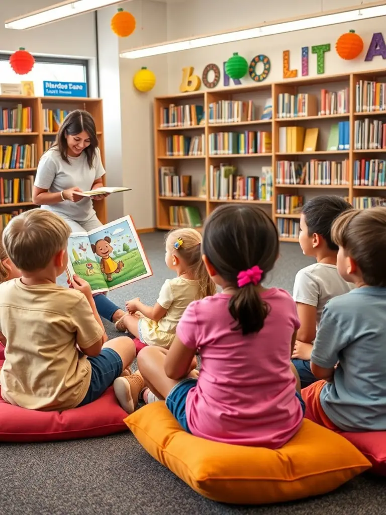 A vibrant photo of children gathered around a librarian during a storytime session, with colorful books and playful decorations in the background, illustrating the library's literacy initiative for young readers.