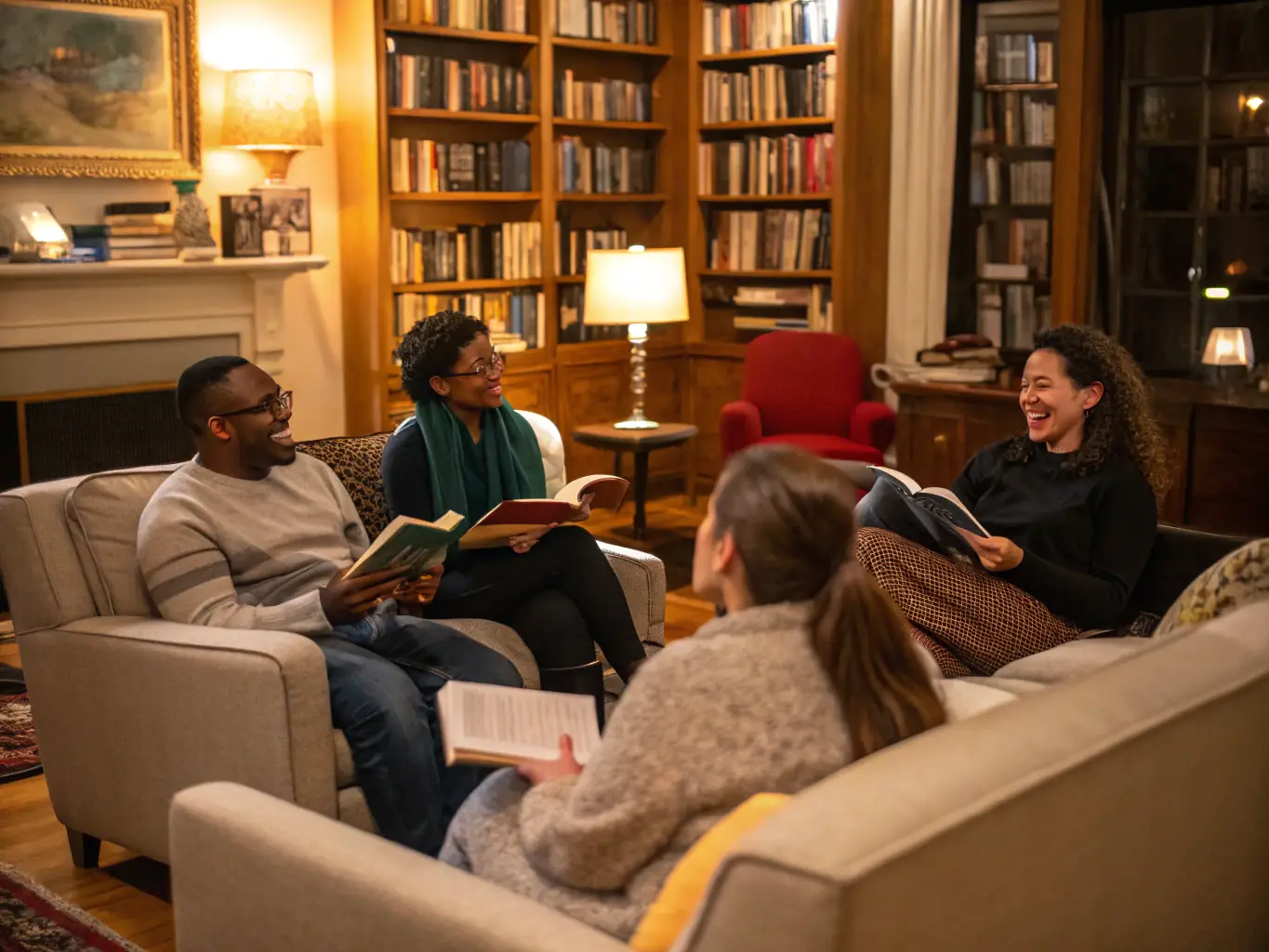 A cozy reading corner with teens and adults discussing a novel, bookshelves in the background, and coffee cups on the table.