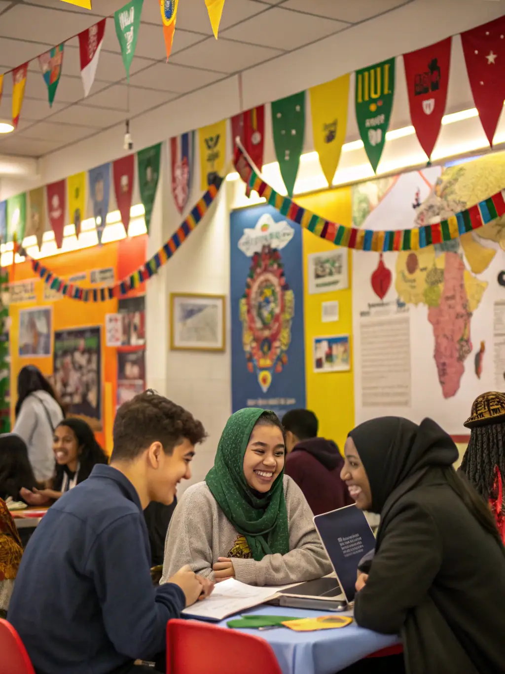 A lively scene of a multicultural event with people in traditional attire, music instruments, and decorations, celebrating diversity and cultural exchange at the library.
