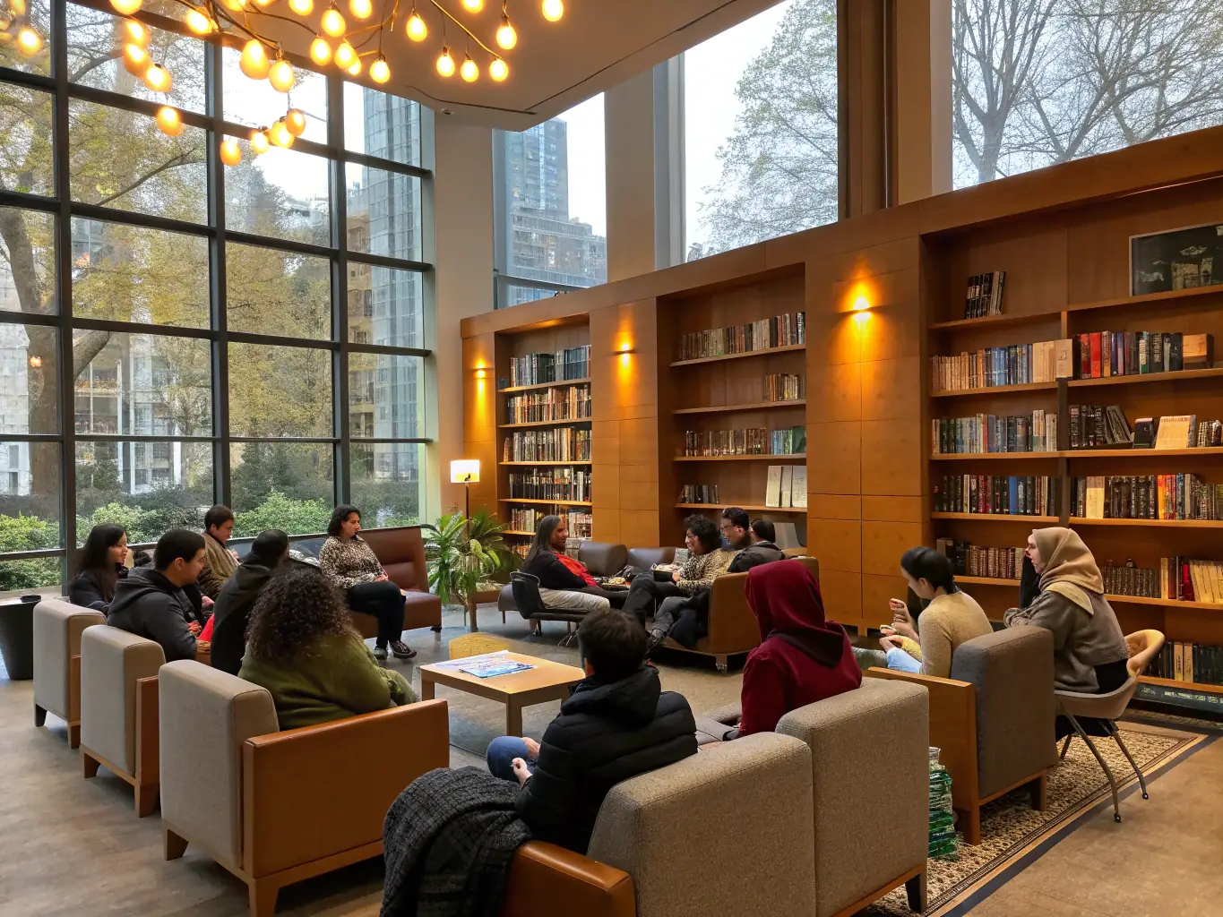 A cozy reading corner with comfortable chairs, a small group of adults and teens engaged in a lively book club discussion, and shelves of books in the background. The image illustrates community reading groups at EMAA BIBLIOTHEQUE.
