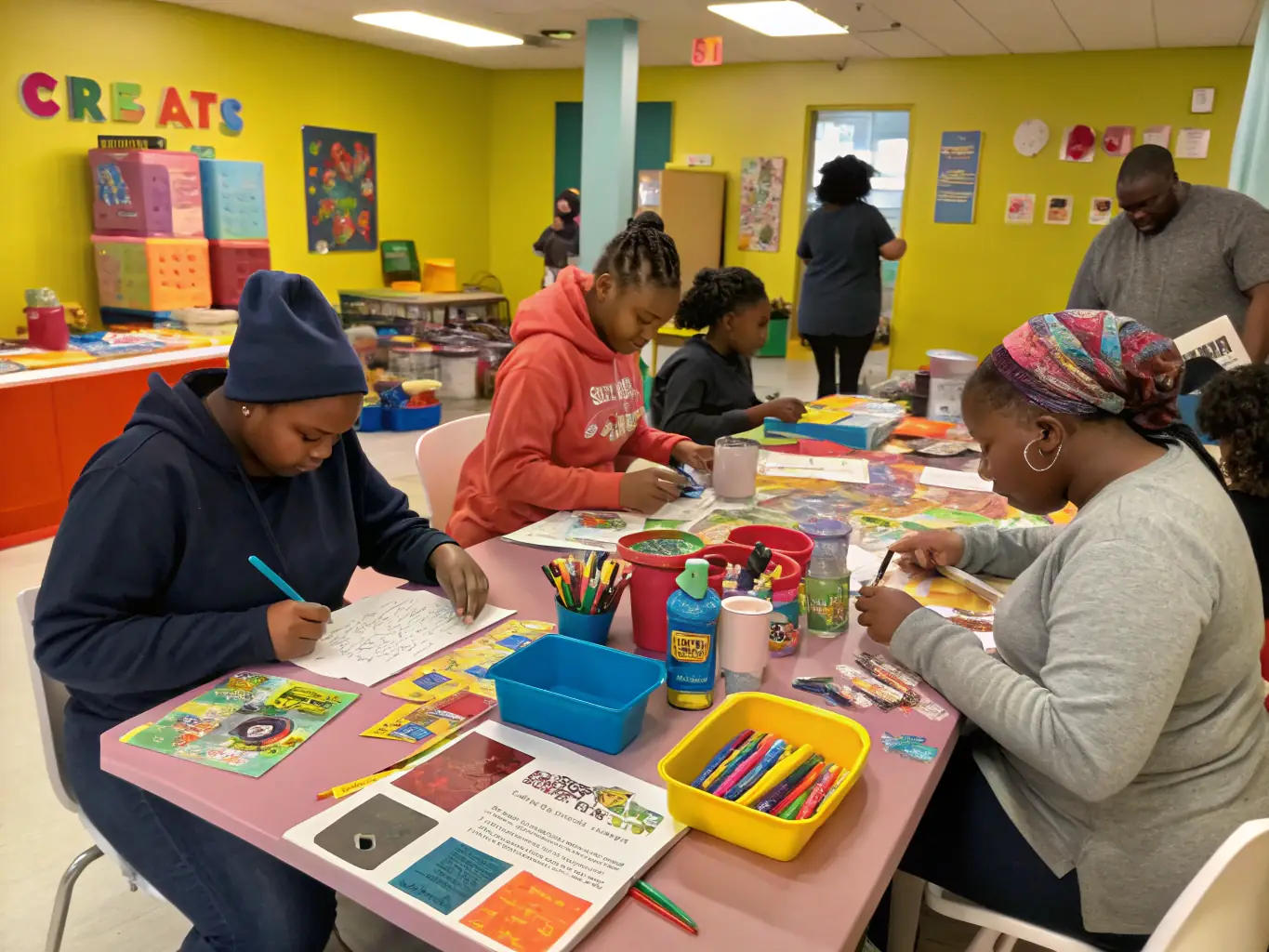 An image of a community workshop in progress, with participants engaged in arts and crafts, surrounded by colorful materials and library staff facilitating the activity, illustrating cultural engagement and creativity.