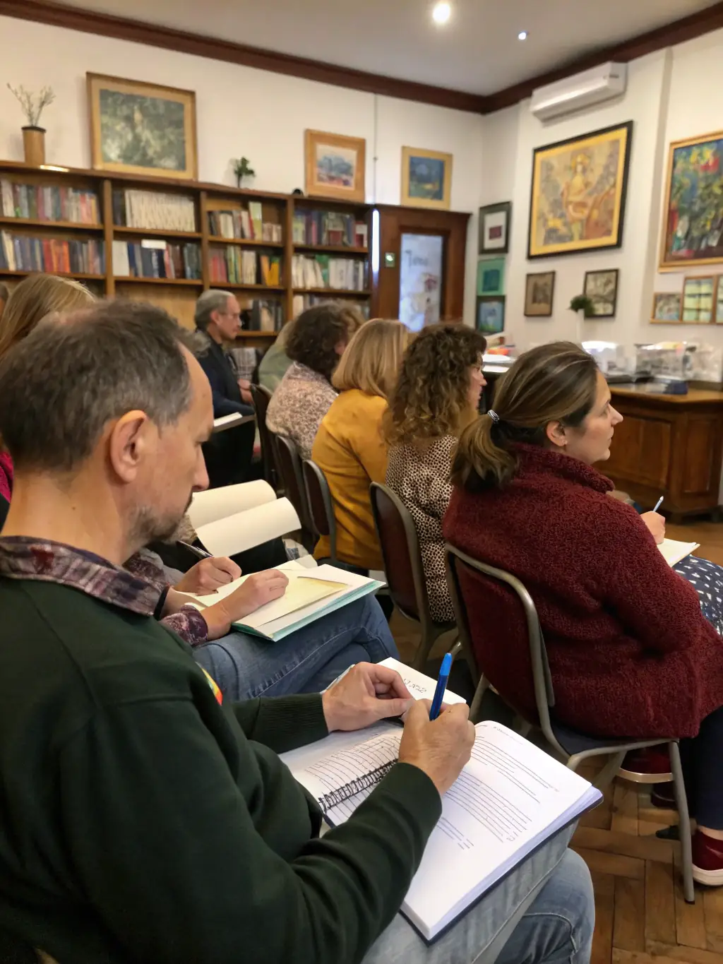 An engaging image of adults and teens participating in a creative writing workshop, seated at tables with notebooks and pens, led by a facilitator in a cozy library room.