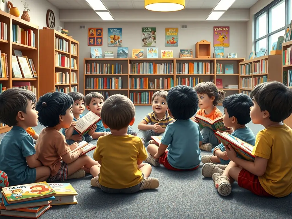 A photo of children and adults gathered around a table in the library, reading books and participating in a group storytelling session, highlighting the library's role in promoting literacy and intergenerational learning.