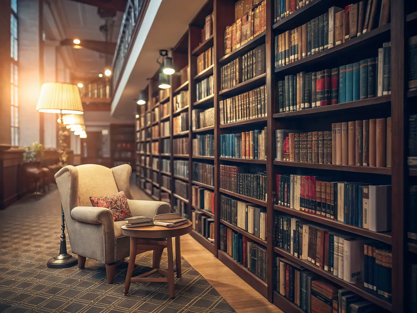 A welcoming library interior with shelves filled with books, community members browsing, and a librarian assisting visitors. The image is used to showcase the Book Lending Program at EMAA BIBLIOTHEQUE.